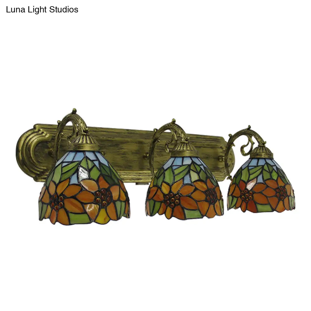 3-H Header Orange Vanity Wall Lighting Lodge Tiffany Stained Glass With Yellow Flower/Sunflower