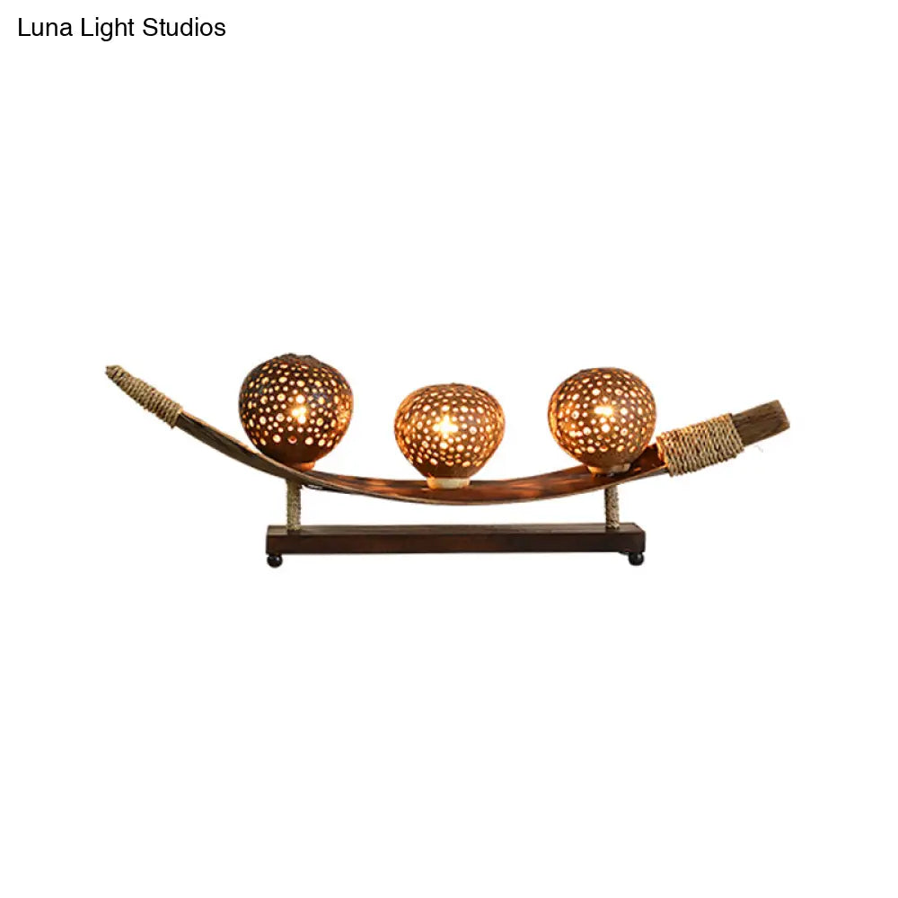 3-Head Asia Brown Desk Lamp With Laser-Cut Wood Shade - Perfect Task Lighting For Living Room