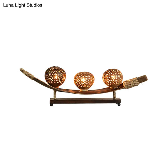 3-Head Asia Brown Desk Lamp With Laser-Cut Wood Shade - Perfect Task Lighting For Living Room