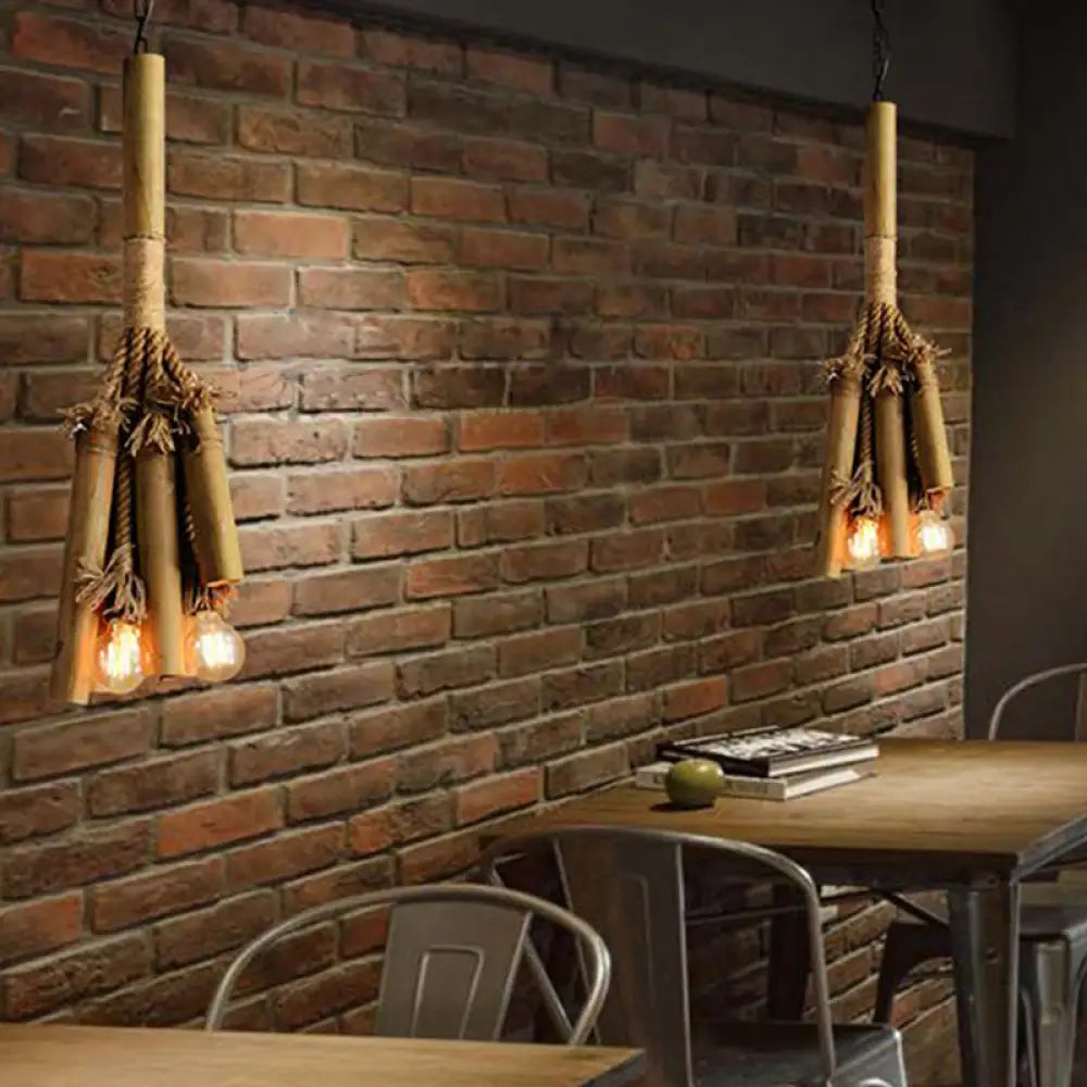 3-Head Bamboo Pendant Chandelier With Tubular Rope Design For Restaurants And Warehouses - Brown