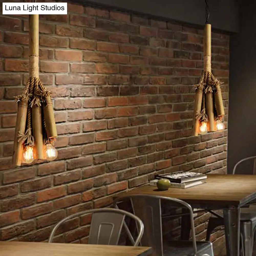 Bamboo Pendant Chandelier Light With 3 Open Bulb Design For Restaurant And Warehouse In Brown