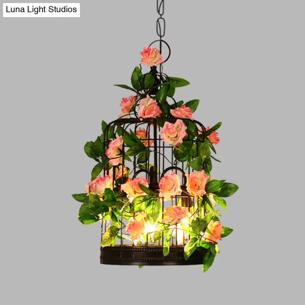 3-Head Birdcage Chandelier Loft Pendant Light - Black Iron Suspension With Rose And Leaf Accents