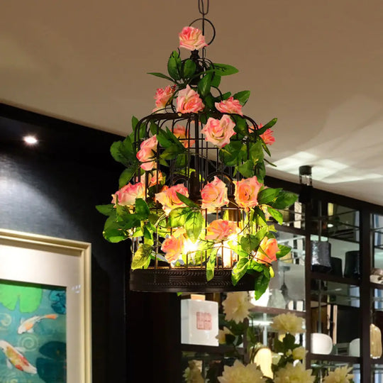 3-Head Birdcage Chandelier Loft Pendant Light - Black Iron Suspension With Rose And Leaf Accents