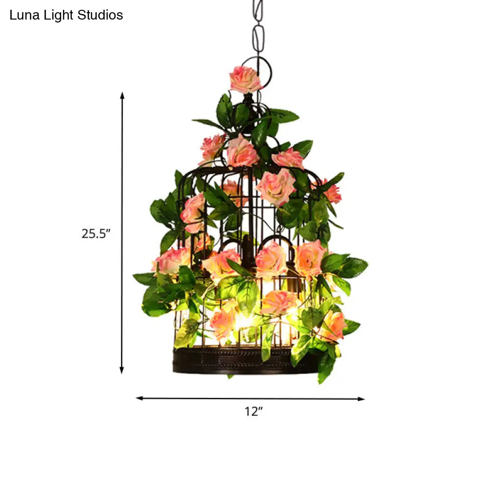 Loft Black Iron Suspension Pendant Light - 3-Head Birdcage Chandelier With Rose And Leaf