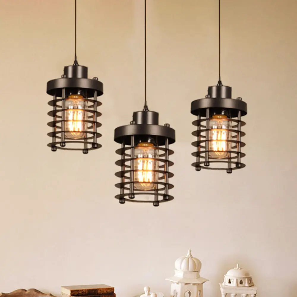 3-Head Black Metal Pendant Lamp For Dining Table And Warehouse | Cylindrical Design