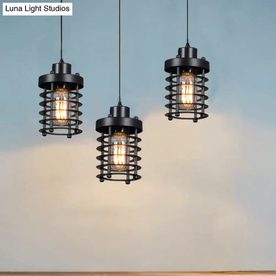 3-Head Black Metal Pendant Lamp For Dining Table And Warehouse | Cylindrical Design
