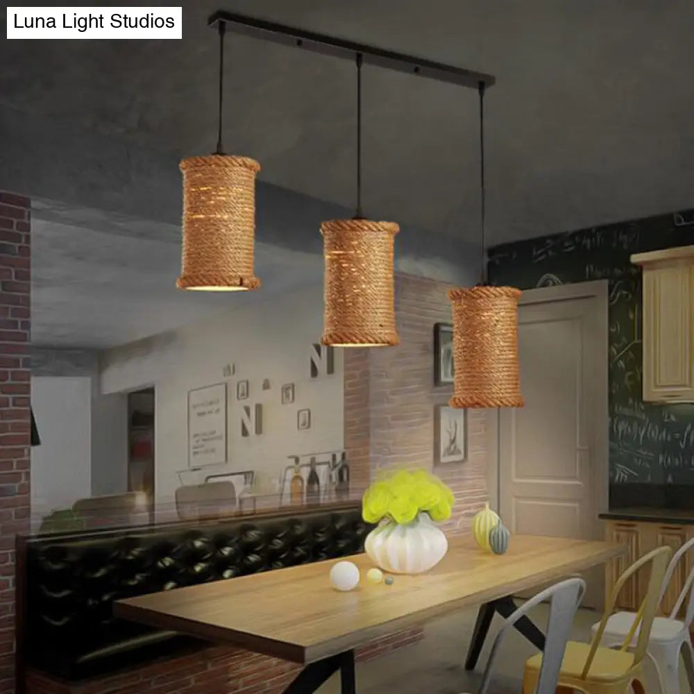 Rustic 3-Head Pendant Light With Rope Detail For Dining Room Ceiling Brown / Linear