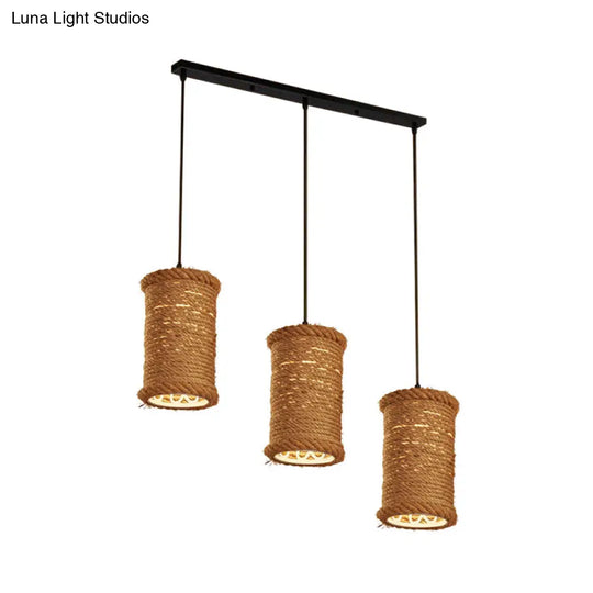 3-Head Brown Rope Pendant Light For Dining Room Ceiling With Round/Linear Canopy