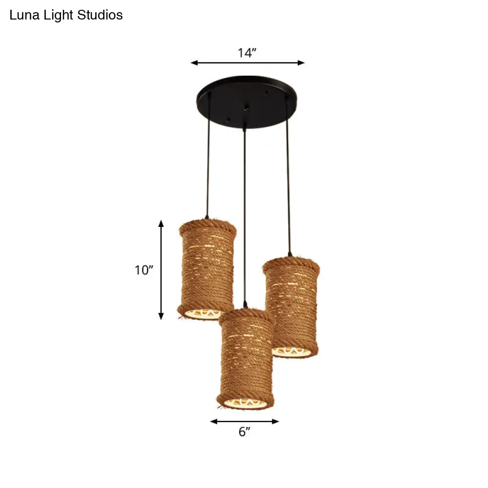 3-Head Brown Rope Pendant Light For Dining Room Ceiling With Round/Linear Canopy