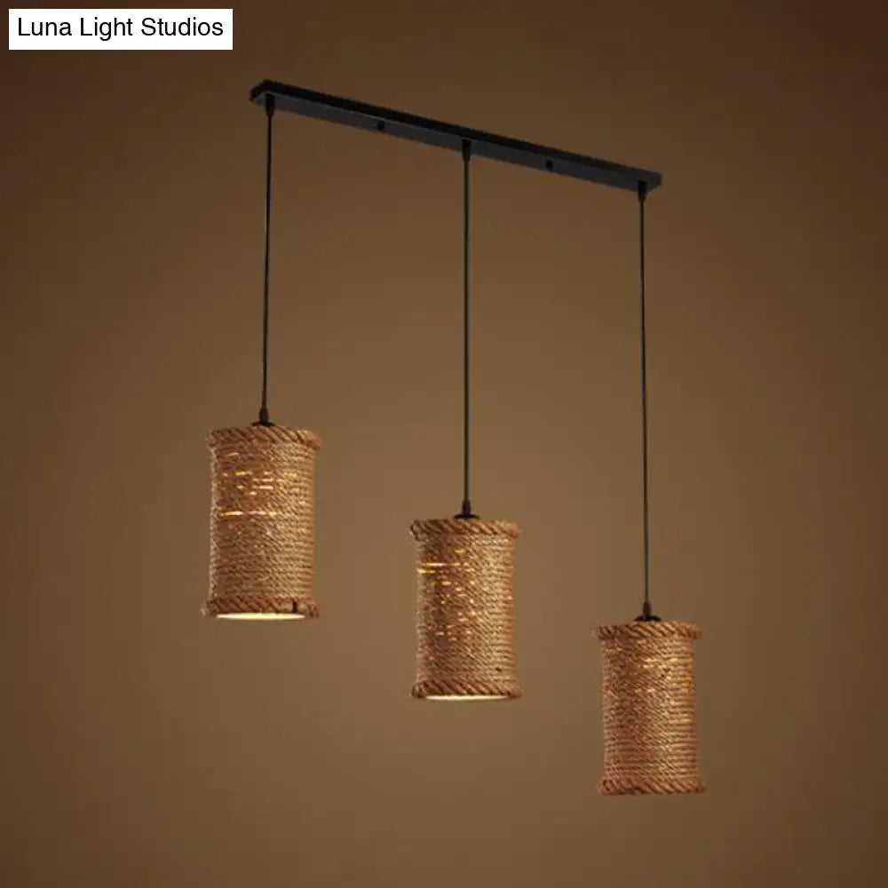 3-Head Brown Rope Pendant Light For Dining Room Ceiling With Round/Linear Canopy