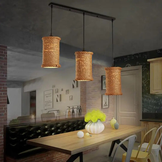 3-Head Brown Rope Pendant Light For Dining Room Ceiling With Round/Linear Canopy / Linear