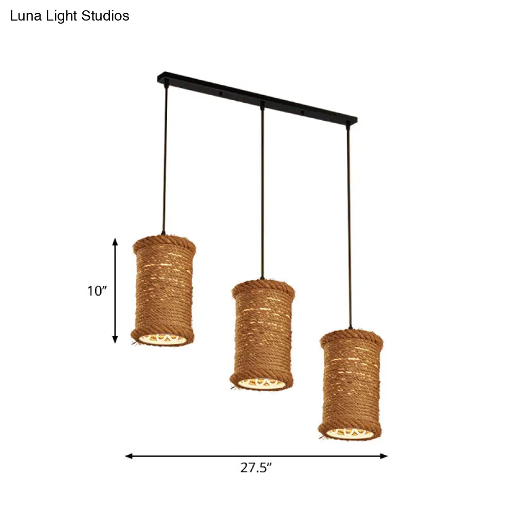 3-Head Brown Rope Pendant Light For Dining Room Ceiling With Round/Linear Canopy