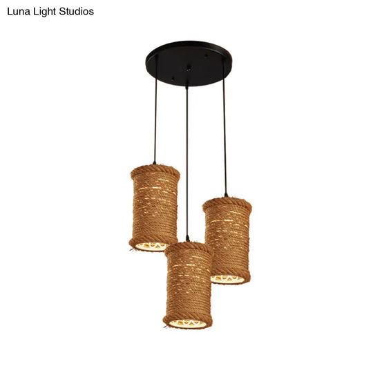 3-Head Brown Rope Pendant Light For Dining Room Ceiling With Round/Linear Canopy