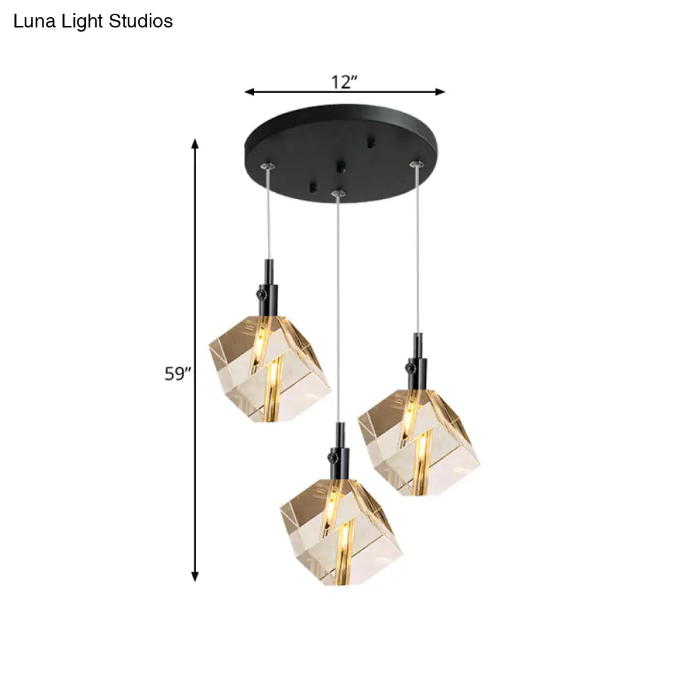 3-Head Clear Crystal Cube Pendant Light In Modern Black Design For Dining Room Led Suspension