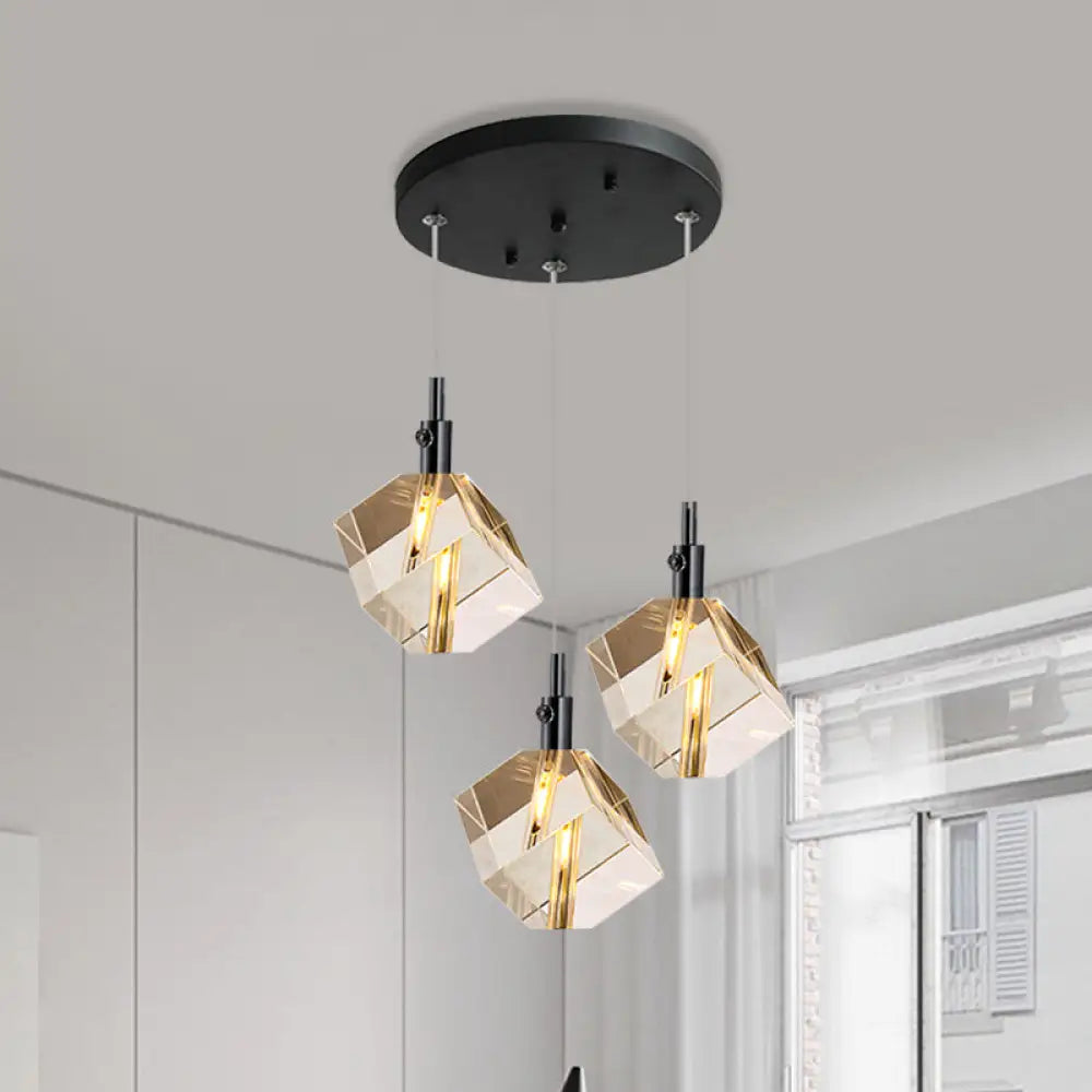 3-Head Clear Crystal Cube Pendant Light In Modern Black Design For Dining Room Led Suspension