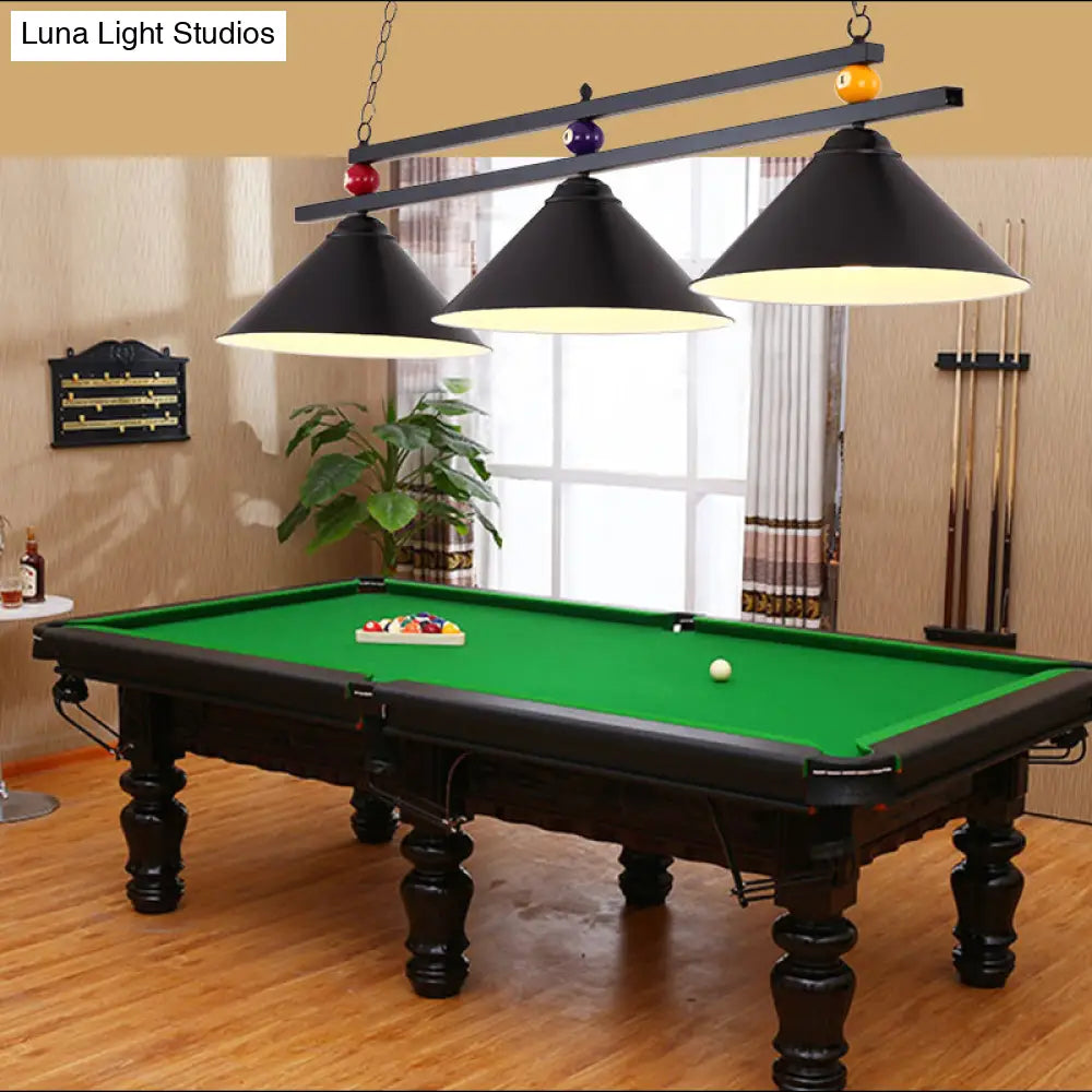 3-Head Conical Metallic Billiard Light - Indoor Island Lighting Fixture In Black/Red/Blue