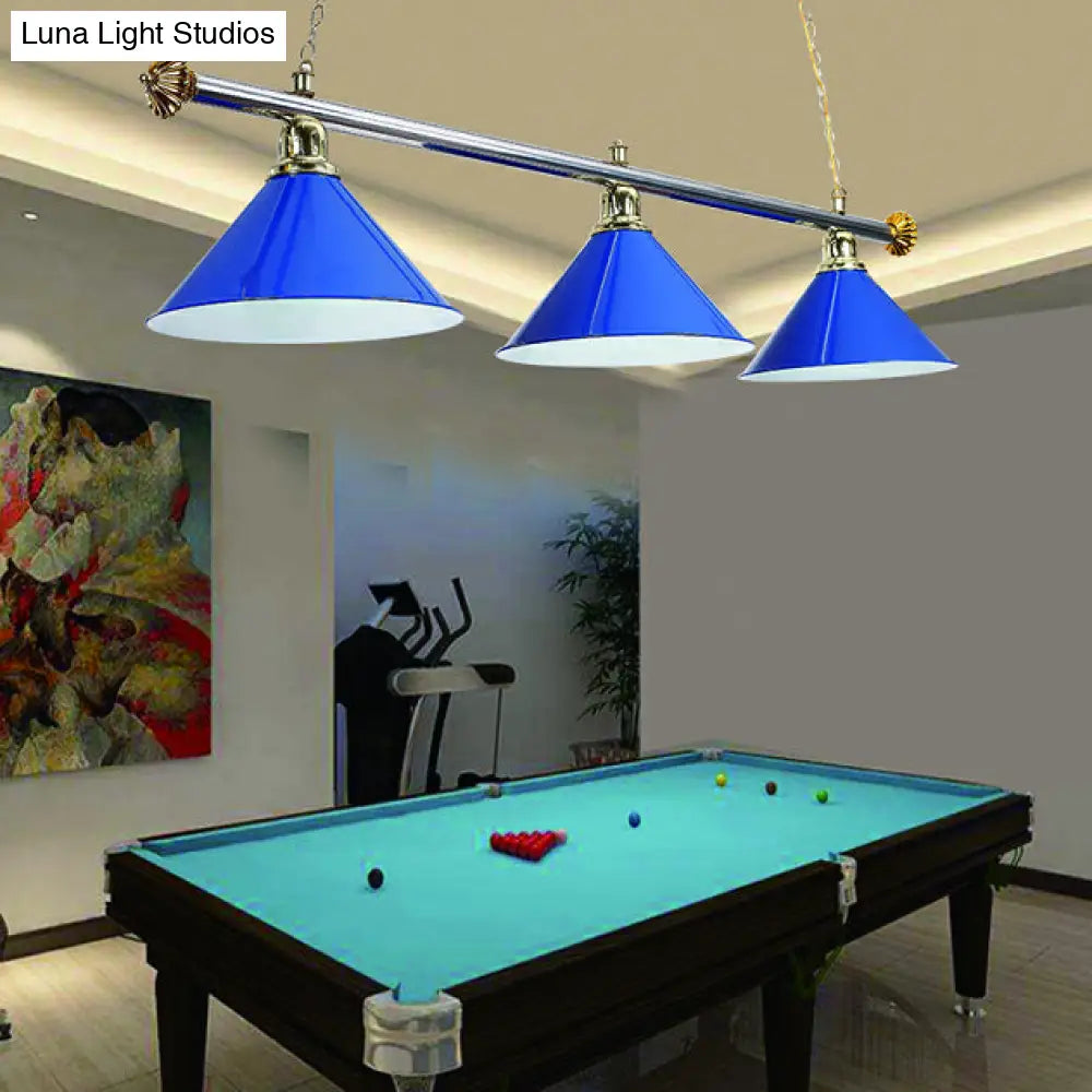 3-Head Conical Metallic Billiard Light - Indoor Island Lighting Fixture In Black/Red/Blue