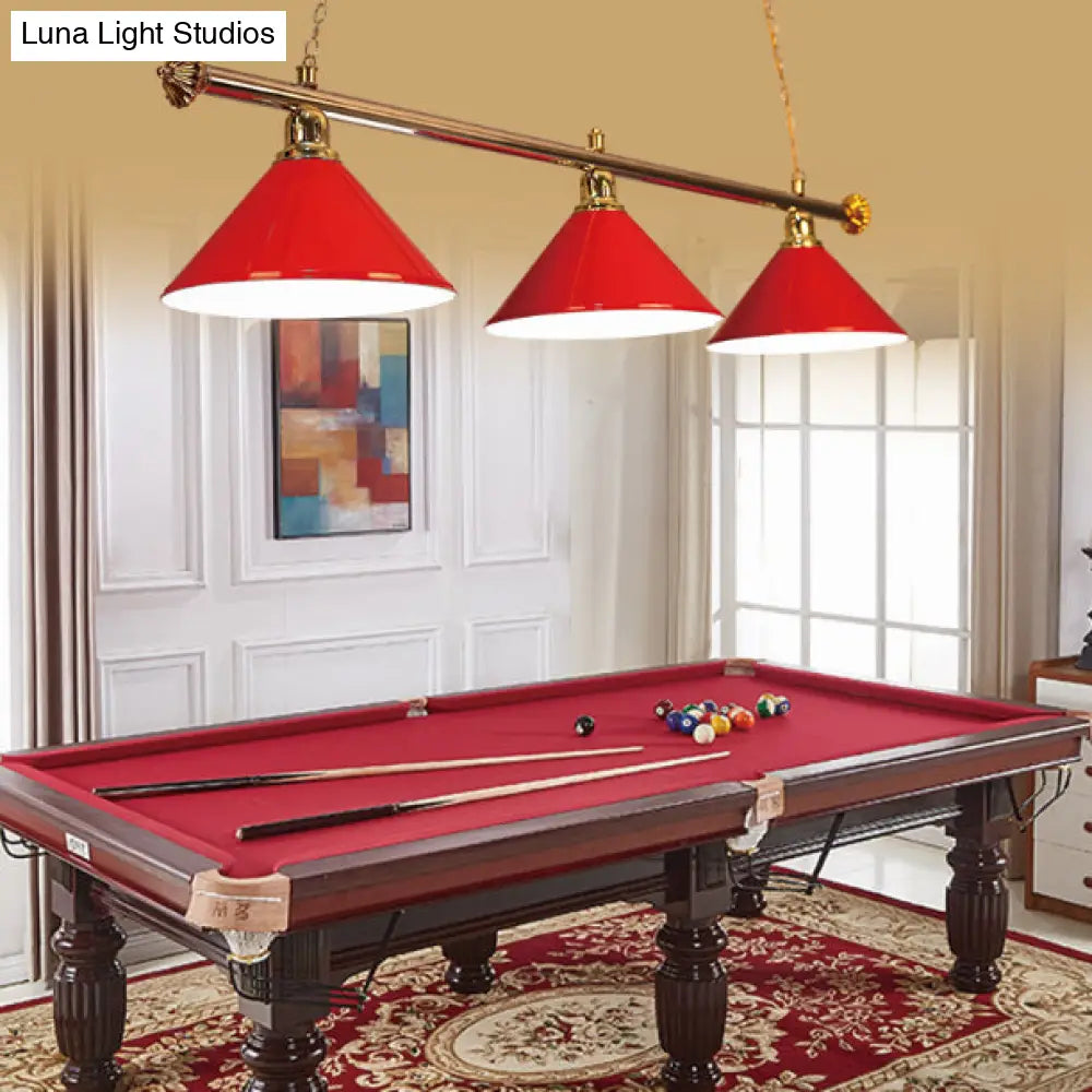 3-Head Conical Metallic Billiard Light - Indoor Island Lighting Fixture In Black/Red/Blue