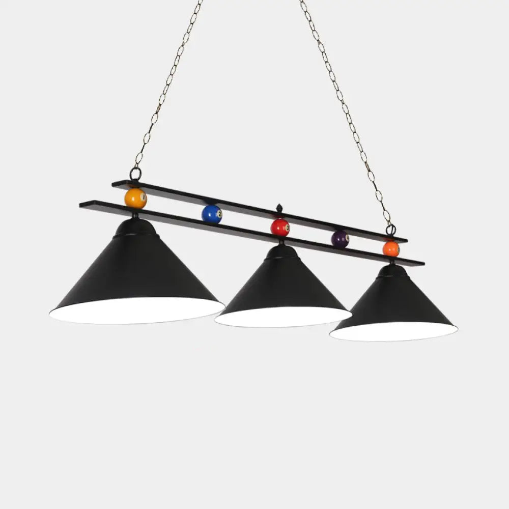 3-Head Conical Metallic Billiard Light - Indoor Island Lighting Fixture In Black/Red/Blue Black / A