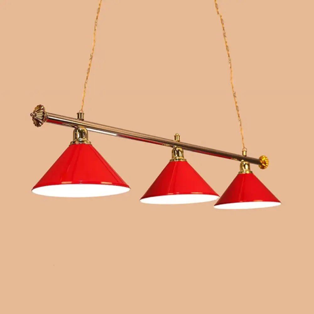 3-Head Conical Metallic Billiard Light - Indoor Island Lighting Fixture In Black/Red/Blue Red / B