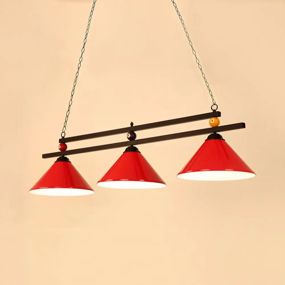 3-Head Conical Metallic Billiard Light - Indoor Island Lighting Fixture In Black/Red/Blue Red / C