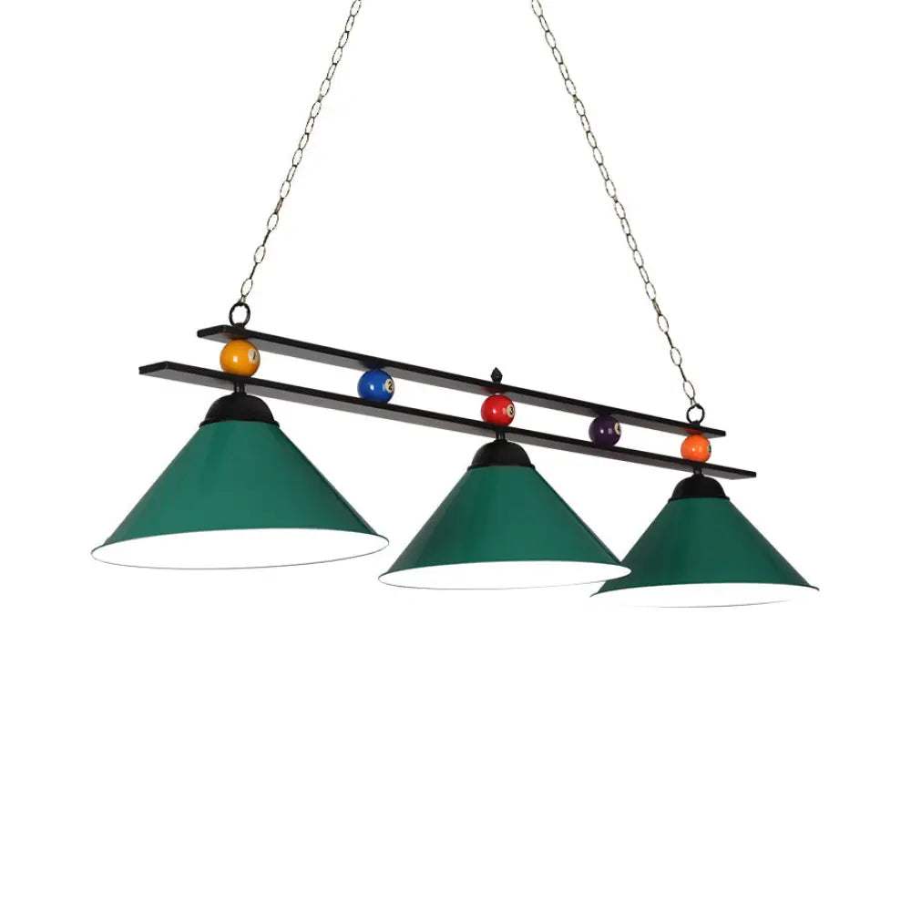 3-Head Conical Metallic Billiard Light - Indoor Island Lighting Fixture In Black/Red/Blue Green / A