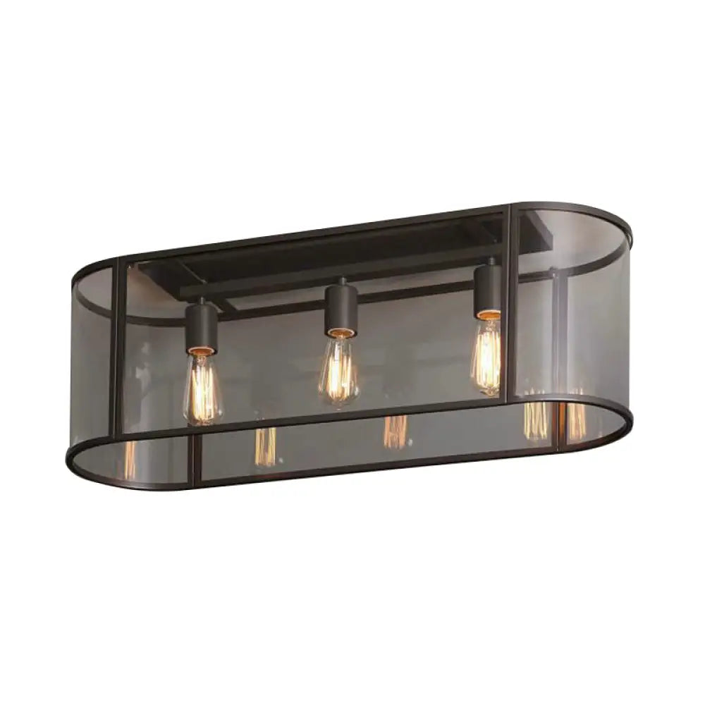 3 - Head Flush Mount Light: Metal Warehouse Corridor Lighting With Oval Clear Glass Shade In