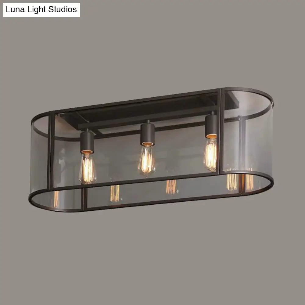 3 - Head Flush Mount Light: Metal Warehouse Corridor Lighting With Oval Clear Glass Shade In