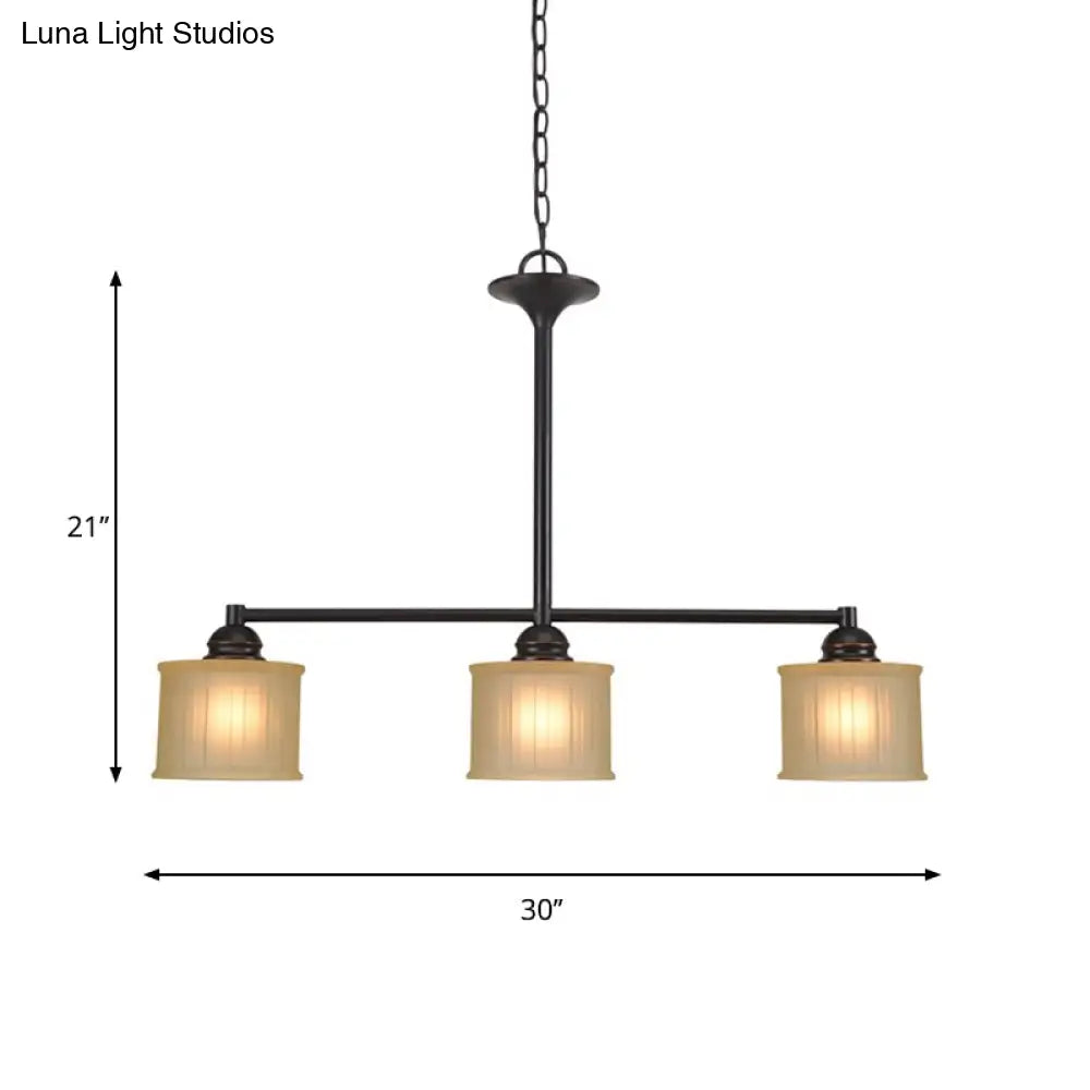 3-Head Glass Pendant Light With Linear Hanging Lamp - Traditional Style Cylinder Shade Black Color