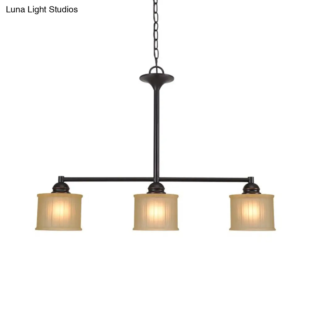 3-Head Glass Pendant Light With Linear Hanging Lamp - Traditional Style Cylinder Shade Black Color