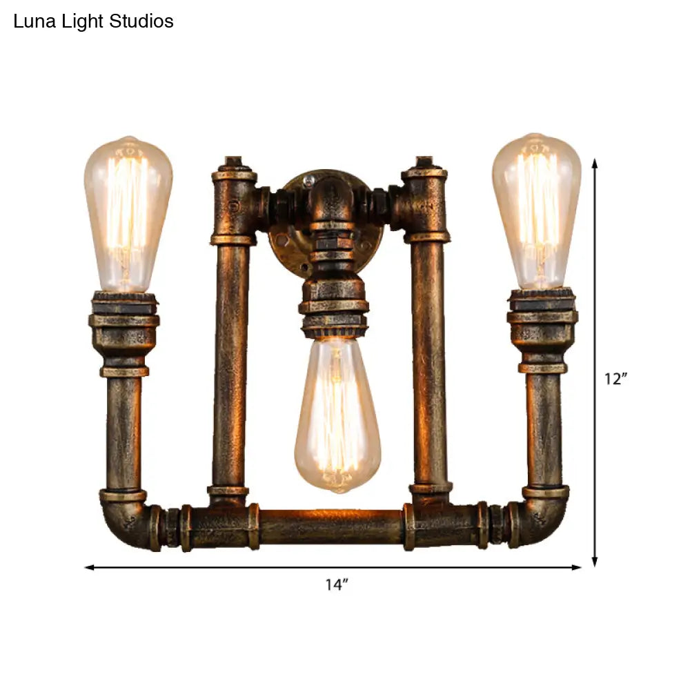 3-Head Industrial Sconce With Wrought Iron Pipe Design In Aged Brass For Hallway