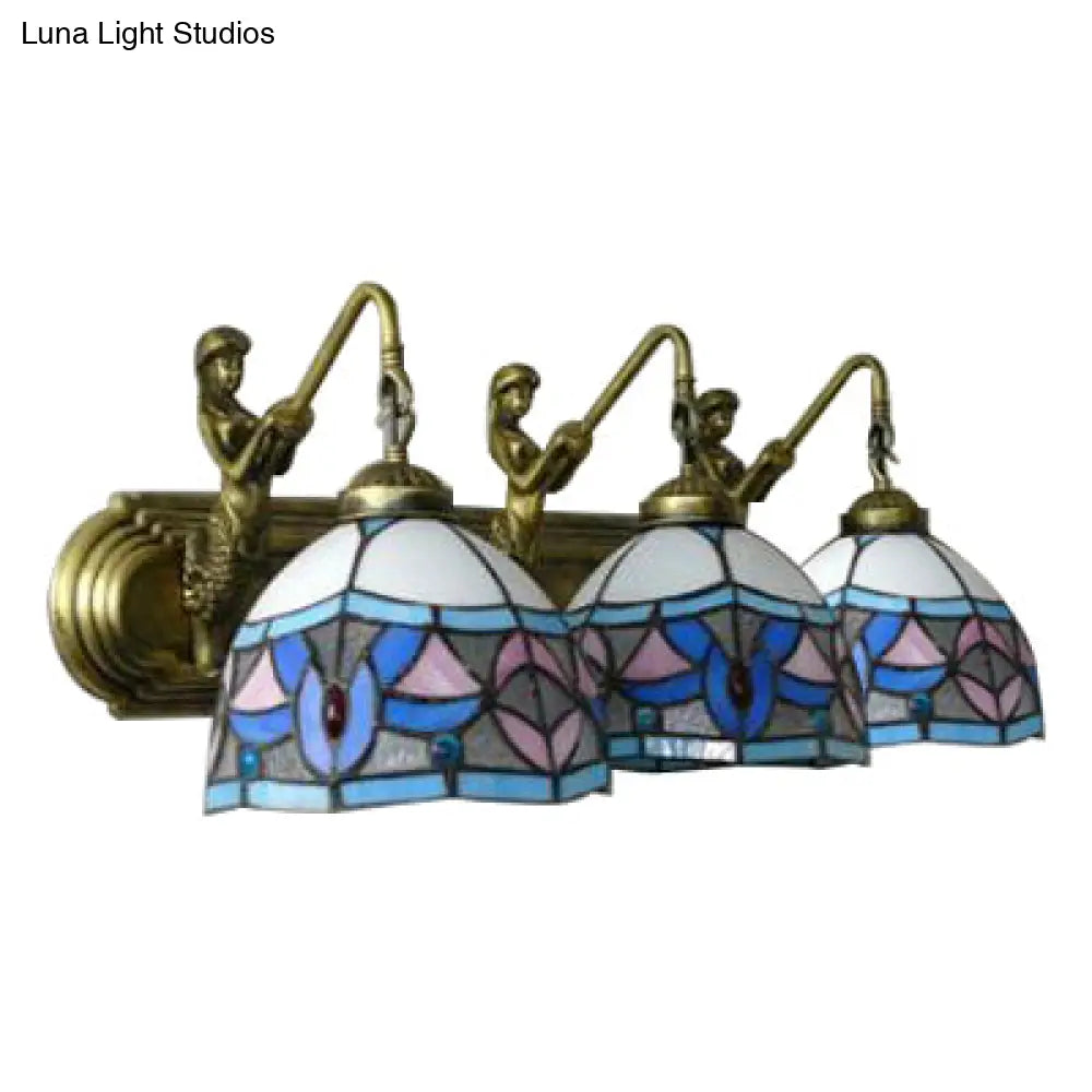 3-Head Mediterranean Blue-Pink Glass Wall Sconce For Elegant Living Rooms