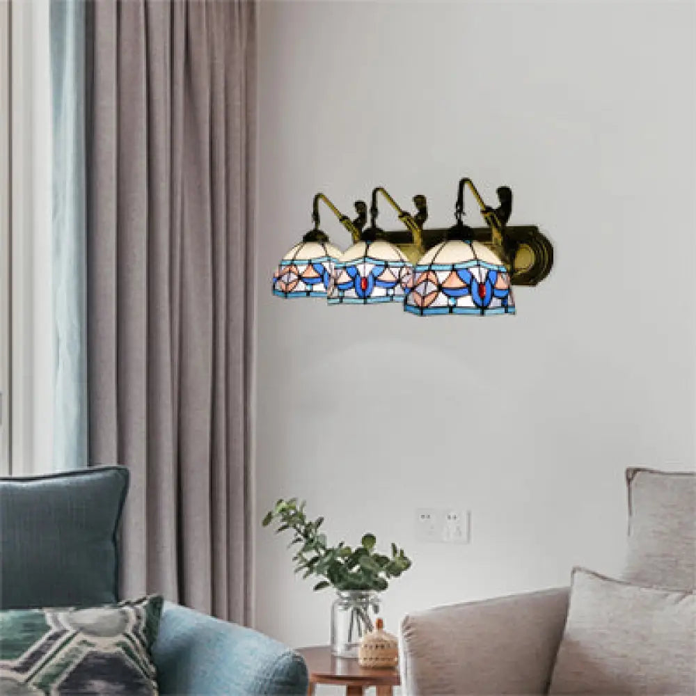 3-Head Mediterranean Blue-Pink Glass Wall Sconce For Elegant Living Rooms