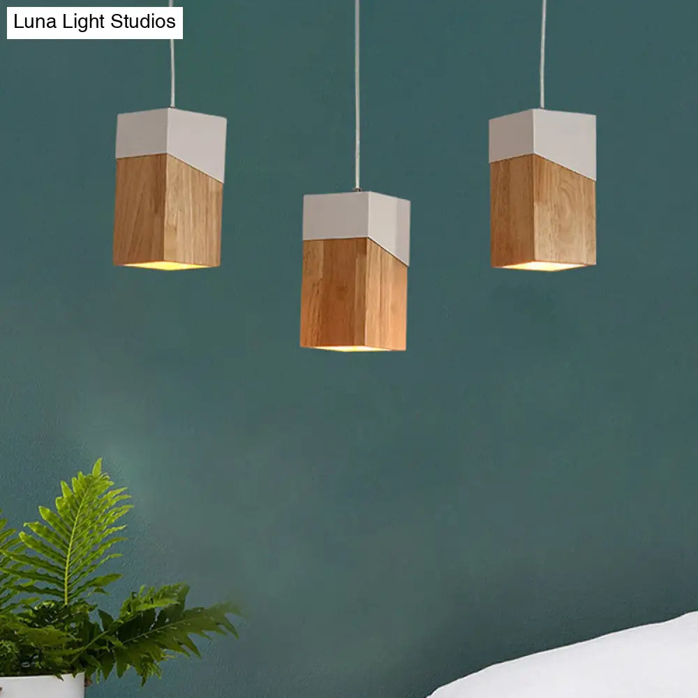 3-Head Modern Beige And White Pendant Light With Wood Shade - Ideal For Study Room