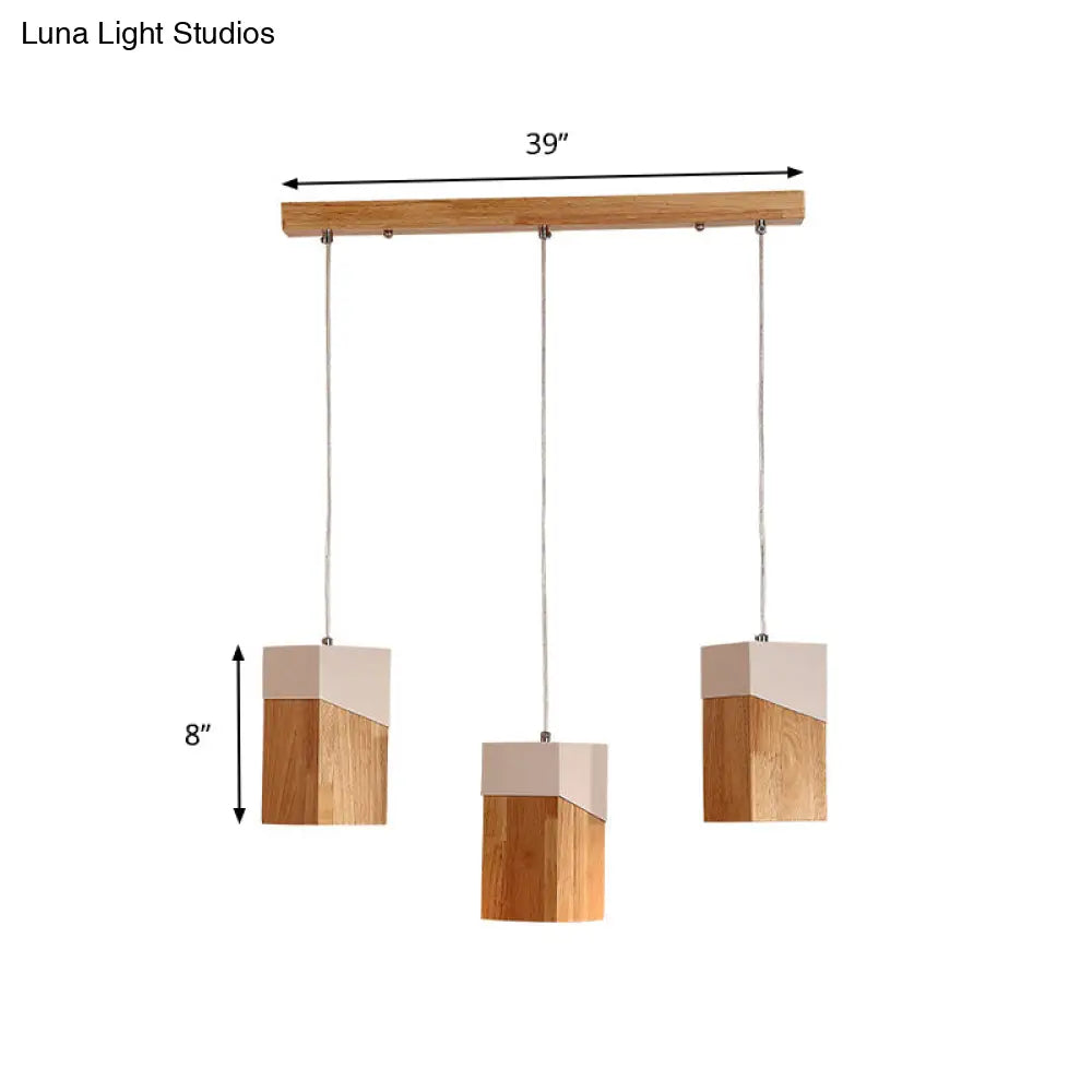 3-Head Modern Beige And White Pendant Light With Wood Shade - Ideal For Study Room