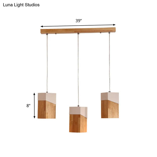 3-Head Modern Beige And White Pendant Light With Wood Shade - Ideal For Study Room