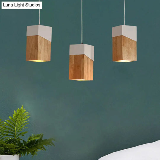 Modern 3-Head Pendant Light With Cuboid Wood Shade For Study Room - Beige & White