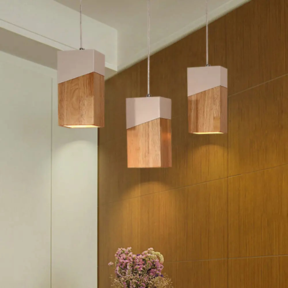 3-Head Modern Beige And White Pendant Light With Wood Shade - Ideal For Study Room