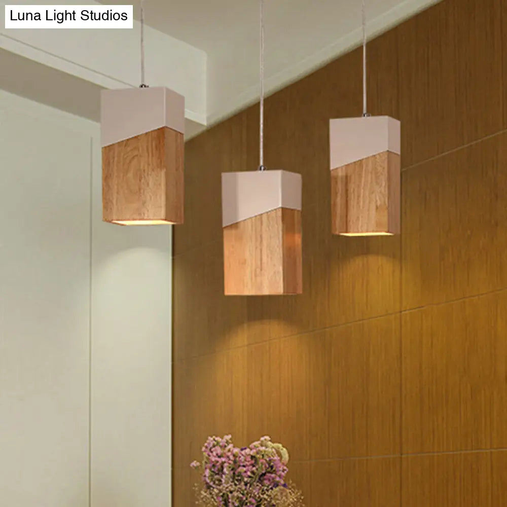 Modern 3-Head Pendant Light With Cuboid Wood Shade For Study Room - Beige & White