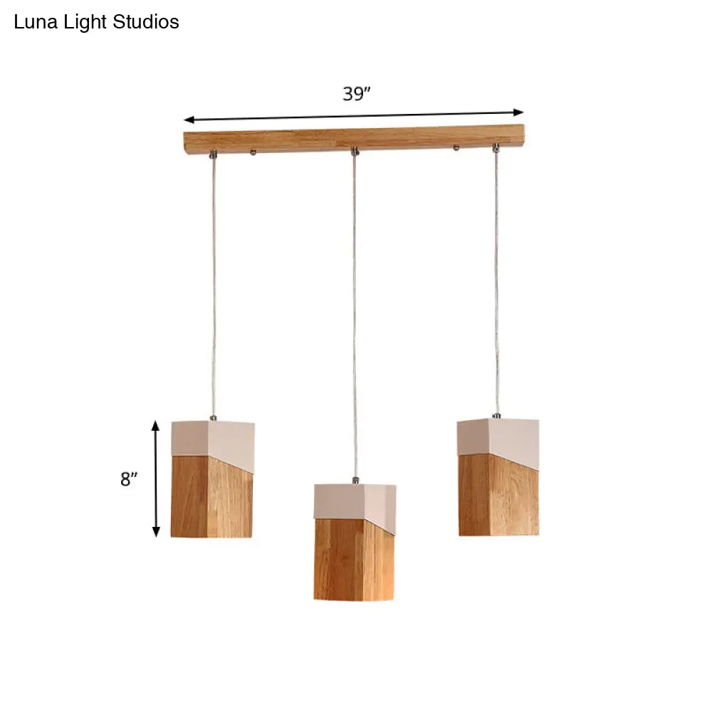 Modern 3-Head Pendant Light With Cuboid Wood Shade For Study Room - Beige & White