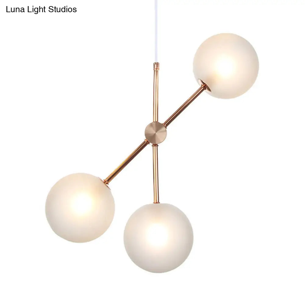 3-Head Modernist Led Chandelier In Rose Gold With Frosted Glass Shade