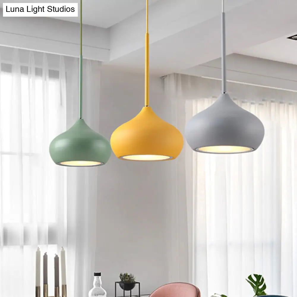 Macaron Grey-Yellow-Green Drop Pendant Lamp With 3 Heads And Onion Metal Shade For Dining Room