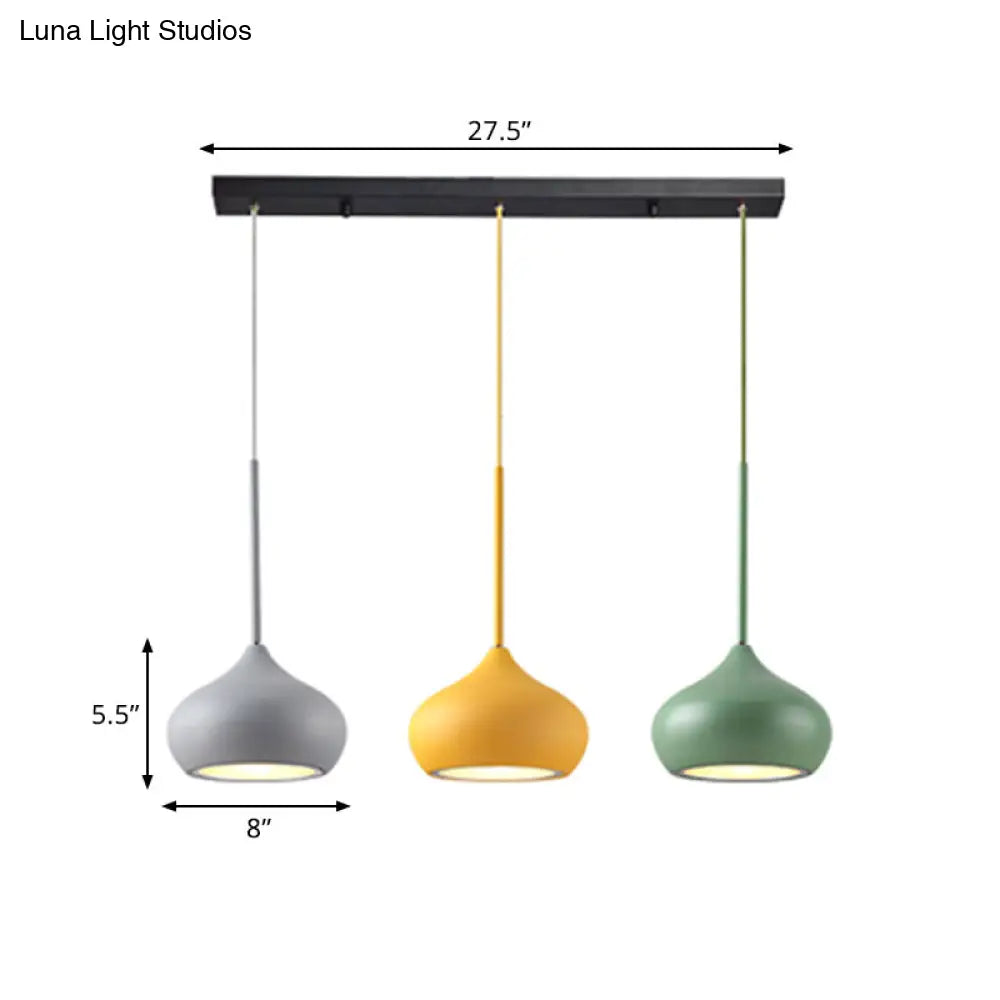 Macaron Grey-Yellow-Green Drop Pendant Lamp With 3 Heads And Onion Metal Shade For Dining Room