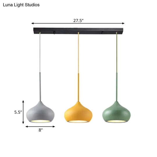 Macaron Grey-Yellow-Green Drop Pendant Lamp With 3 Heads And Onion Metal Shade For Dining Room