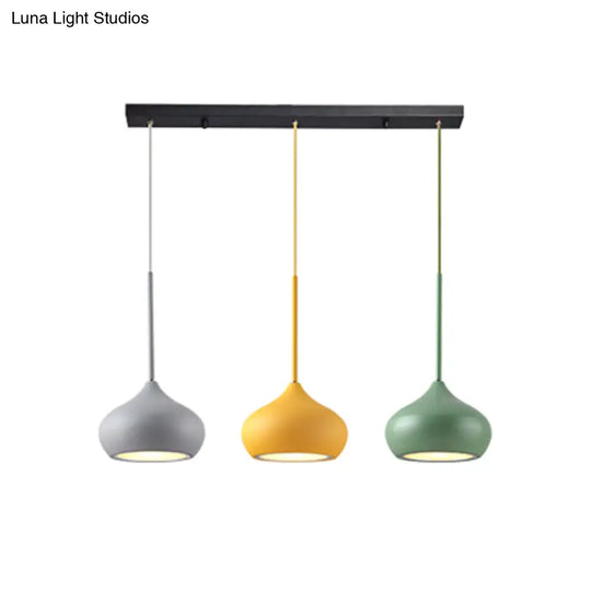 Macaron Grey-Yellow-Green Drop Pendant Lamp With 3 Heads And Onion Metal Shade For Dining Room