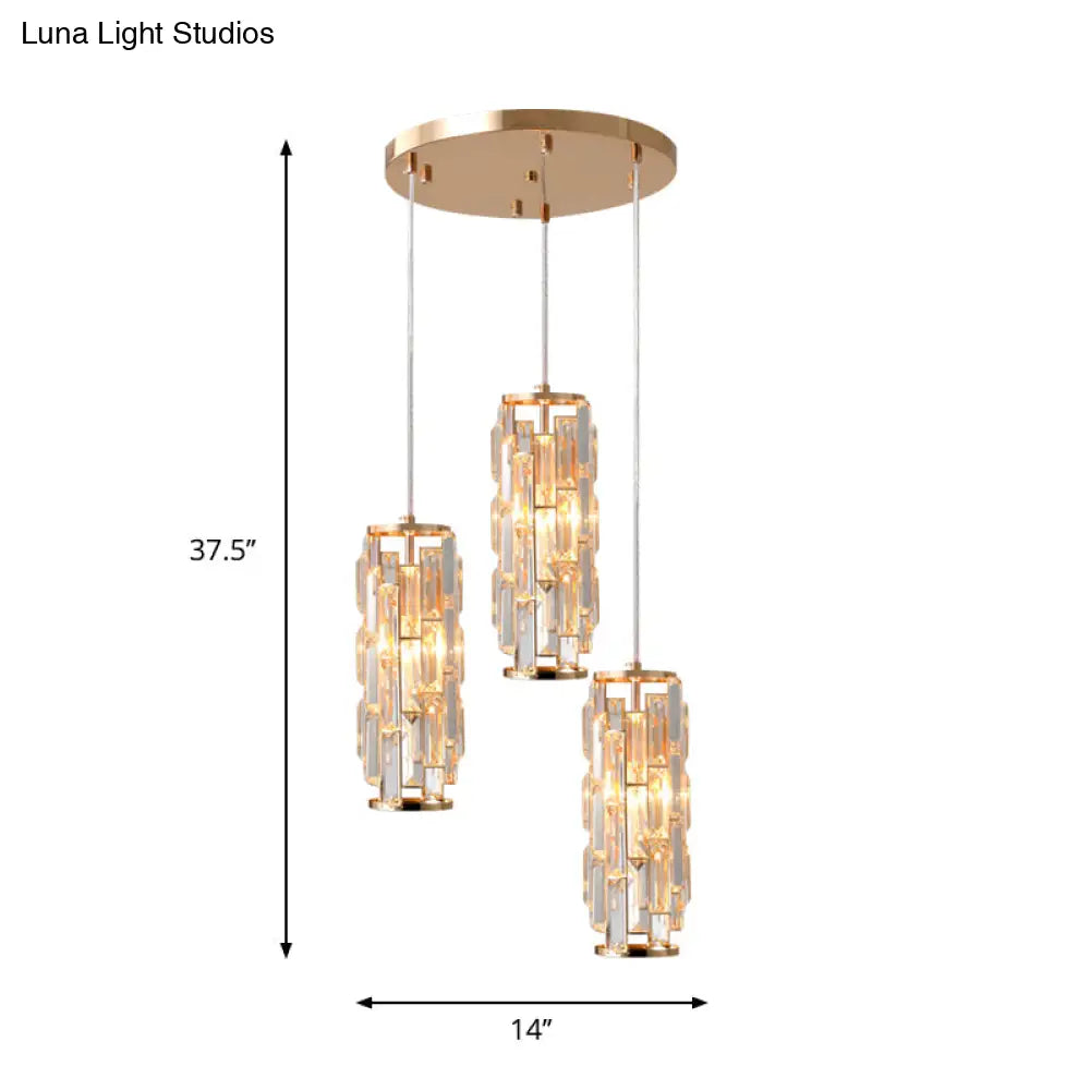 3-Head Pendant Lamp With Crystal Shade - Modern Bedroom Hanging Light In Gold
