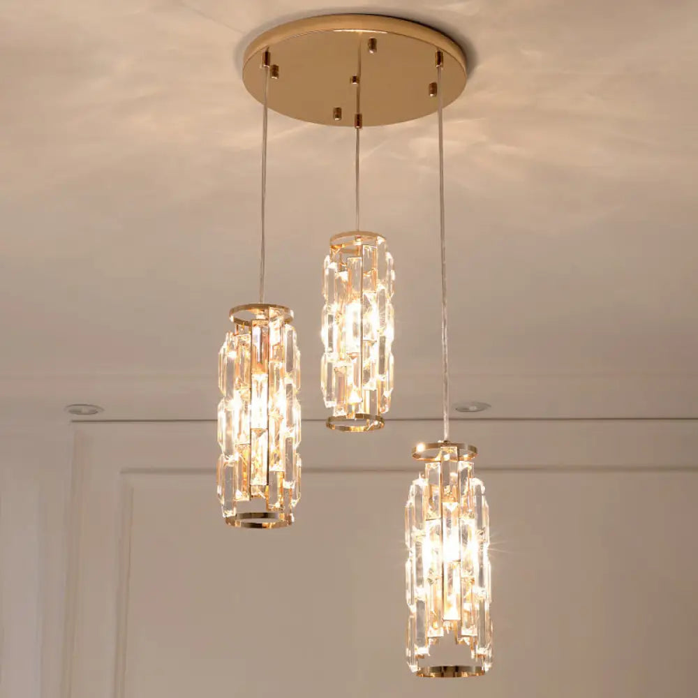 3-Head Pendant Lamp With Crystal Shade - Modern Bedroom Hanging Light In Gold