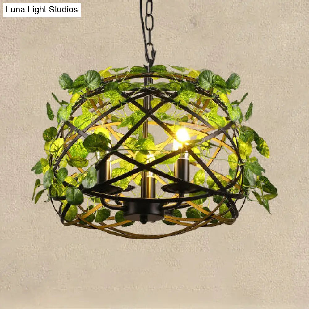 Stylish 3-Head Pendant Light Chandelier With Wire Cage In Black - Ideal For Restaurants / Dome