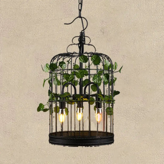 3-Head Pendant Light - Lodge Stylish Metal Hanging Chandelier With Wire Cage In Black For