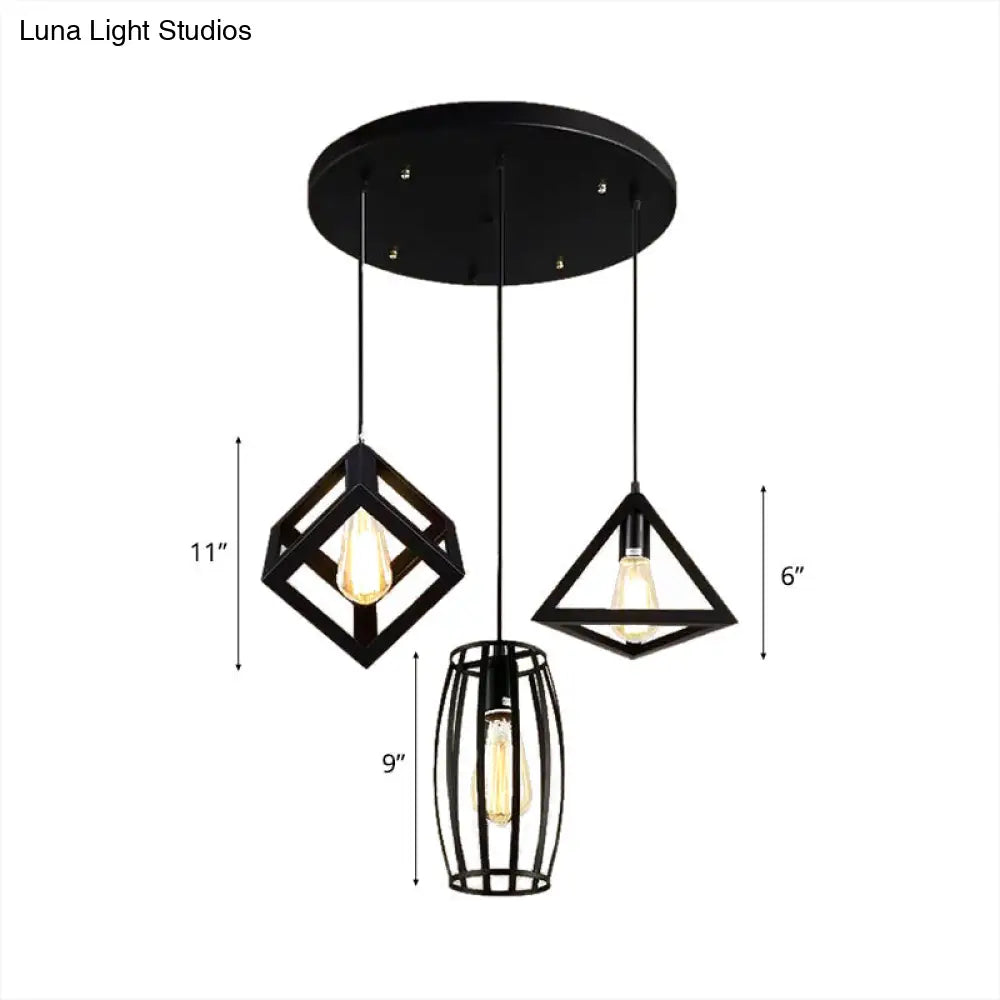 3-Light Pendant Lighting With Retro Metal Cage Shades - Stylish Kitchen Hanging Lamp In Black